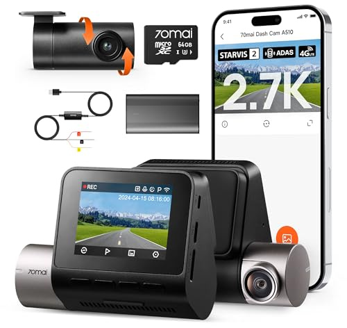 【70mai Dash Cam Auto A510 + Kit Cablaggio UP03 + Dashcam Pacco batteria BL96NNX】Full-HD con Scheda SD da 64GB, 1944P Doppio Dashcam con GPS e WiFi, Visione Notturna, Registrazione in Loop