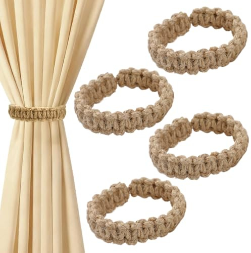YIPFEN 4 piezas de abrazaderas para cortinas estilo boho, sujetadores trenzados hechos a mano para cortinas, sin necesidad de perforar, ideales para sala de estar, habitación o despacho.