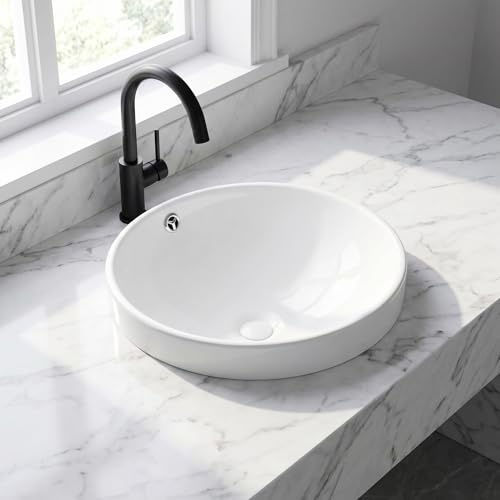 Aetherion Lavabo rond en céramique blanche à encastrer avec trop-plein, 43 x 43 cm (17 x 17), lavabo circulaire semi-encastré pour salle de bain, lavabo à poser