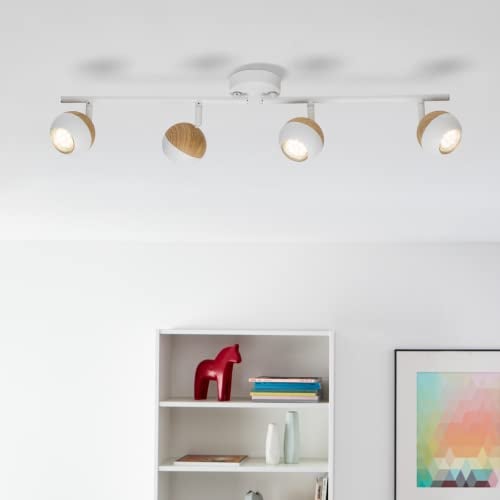 Lightbox LED Deckenstrahler mit warmweißem Licht - 4 flammiger Spotrohr mit schwenkbaren Köpfen - Deckenleuchte mit Leuchtmittel inklusive und wechselbar - Metall Weiß/Holz