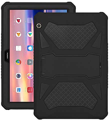 Foluu Compatible with Huawei MediaPad T5 10 Case, Heavy Duty Silicone+Hard PC Bumper Full-Body Protective Shockproof Cover with Kickstand for MediaPad T5 10 10.1 inch 2018 (Black)