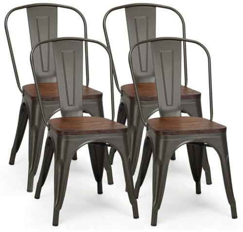 COSTWAY Stackable Metal Dining Chairs Set of 4 with Wood Seat and High Back
