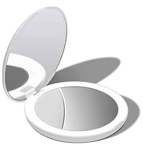 Fancii LED Miroir de Poche Lumineux, Grossissant 1x / 10x - Miroir à Main de Maquillage avec Éclairage Naturel, 12,7 cm de Diamètre, Compact et Portable pour Voyage, Blanc (Lumi)