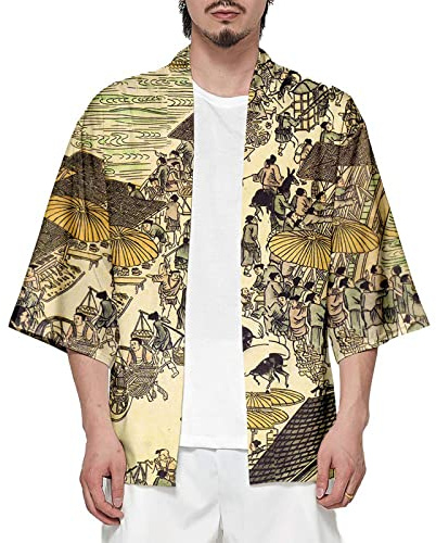 Veste Kimono Homme Manches 3/4 Japonais Style Ouvert Cardigan Impression de Motifs de Grue