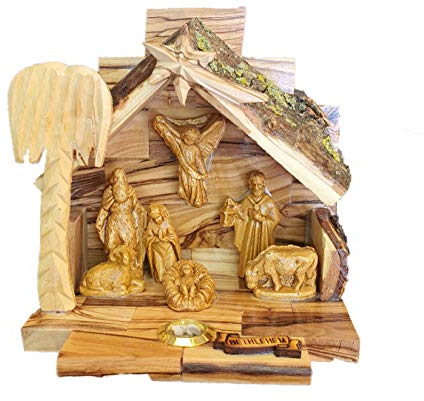 Bethlehem Gifts TM Weihnachtskrippe aus Olivenholz mit Figuren aus Jerusalem (11,4 cm hoch, Alabasterstall mit geklebten Figuren)