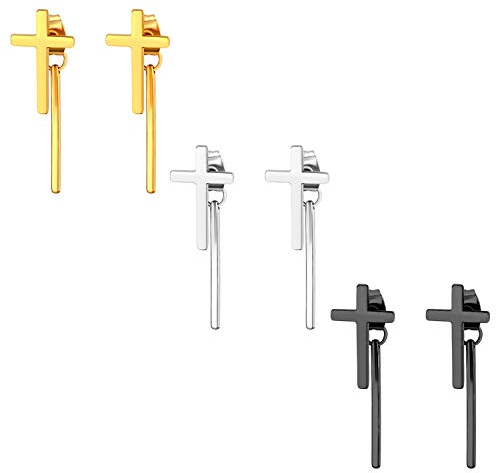 Aroncent 3Paare Kreuz Ohrringe Ohrstecker Set Gotik Punk Rock Edelstahl Kreuz Ohrhänger Herren Damen