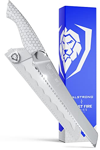 DALSTRONG Serrated Bread Knife - 8 inch - Frost Fire Series - High Chromium 10CR15MOV Stainless Steel - Frosted Sandblast Finish - White Honeycomb Handle - Slicing - Leather Sheath - NSF Certified