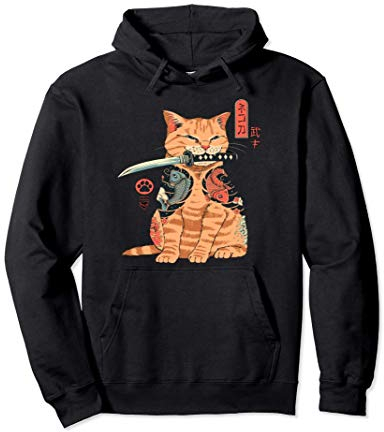 Japanese Samurai Ninja Cat Kawaii Tattoo Graphic Pullover Hoodie