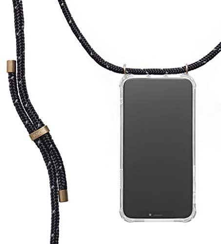 KNOK Handykette Kompatibel mit Apple iPhone 12 + 12PRO - Silikon Hülle mit Band - Handyhülle für Smartphone zum Umhängen - Transparent Case mit Schnur - Schutzhülle mit Kordel in Reflect Black