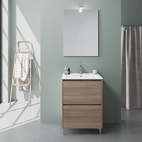 Kiamami Valentina - Mobile Bagno a Terra con Lavabo Integrato | Collezione Laguna | 2 Cassettoni Estrazione Totale | Specchiera Inclusa | Quercia Naturale, 60 cm, Rovere