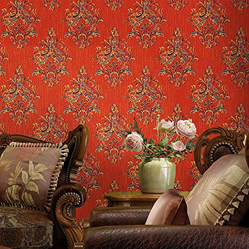 Prior.choice 10X0.53M Vintage 3 Colors Gold Stamping Damask Textured Non-Woven Wallpaper Roll for Bedroom Livingroom 1.73' W x 32.8' L=5.3㎡ (57sq.ft) (Orange)