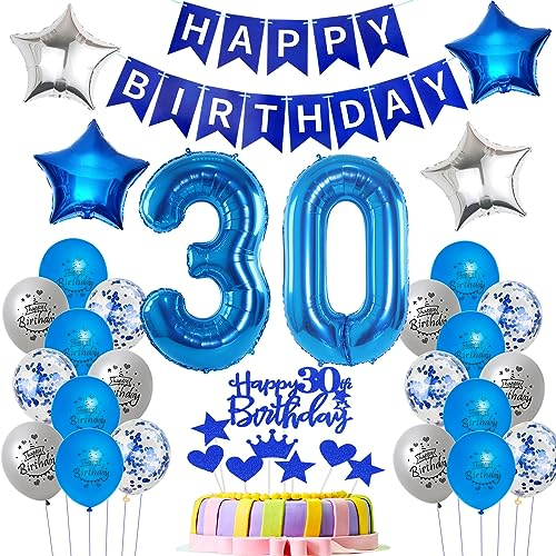 Luftballons 30 Geburtstag Mann deko blau, Geburtstagsdeko 30 Jahre Mann Dekoration, Ballon 30. Geburtstag Männer blau, Deko 30. Geburtstag Luftballons,Tortendeko 30. Geburtstag Mann kuchen deko