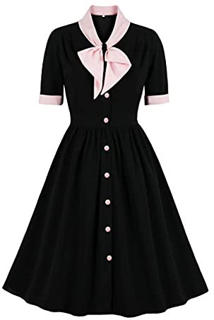 Wellwits Women's Pink Bow Tie Front Button Down Cocktail 1940s Vintage Dress M