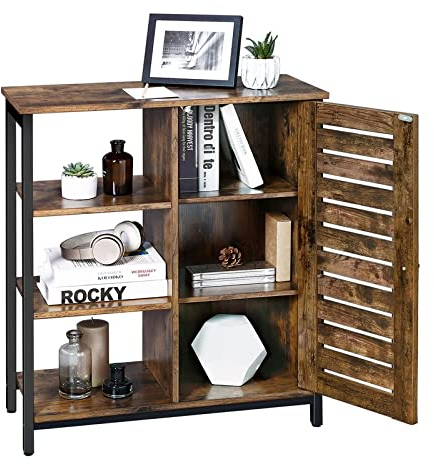 3 Tier Wood/Steel Industrial Rustic Cabinet Bookshelf Display Storage Unit Slatted Door Freestanding Wooden Bookcase Sideboard Adjustable Shelves Kitchen Living Room Hallway Display Organiser Cupboard