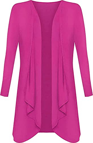 Brezza Plus Size Womens Plain Long Sleeve Waterfall Boyfriend Open Front Cardigan New Ladies Hanky Hem Jersey Top UK 8-26 Fuchsia
