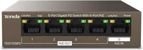 Tenda TEG1105PD, Switch PoE Gigabit a 5 porte con 4 porte PoE+@30W, hub di rete domestica non gestito, splitter Ethernet, design PSE e PD, metallo robusto e senza ventole, protezione a vita limitata