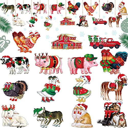 30 Pieces Christmas Farm Animal Ornament Xmas Wooden Hanging Ornament on The Farm Ornaments Wooden Farm Animal Christmas Tree Hanging Decorations for Farmhouse Xmas Tree Decor