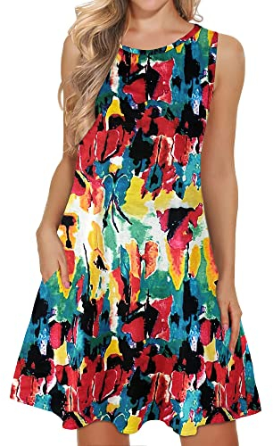 WNEEDU lässiges Sommerkleid Damen Ärmellose Tank Strandkleider T-Shirt Kleid mit Taschen
