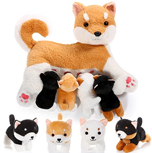 Honoson Pflegender Hund Stofftier mit Welpen Set Stillende Mama Hunde Plüschtier mit 4 Baby Welpen Weiche Süße Kuscheltiere für Mädchen Jungen Kinder Geburtstag Geschenke Party Mitgebsel(Shiba Inu)