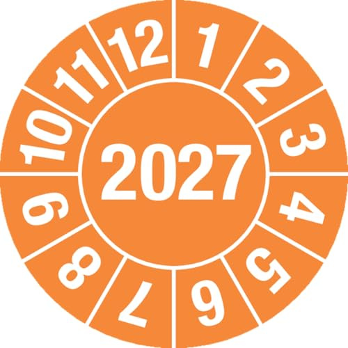 Prüfplakette - Jahresplakette Jahr: 2027, Dokumentenfolie, gelb, Ø 15 mm, 60 Stück je Bogen | Jahreszahl 4-stellig, Dokumentenfolie, Ø 15 mm, 2027, orange