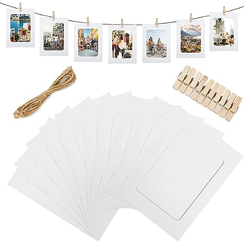 AIYONG Juego de 10 marcos de fotos de cartón, marco de fotos de papel con 10 pinzas de madera y 1 cuerdas de cáñamo, 10 x 15 cm, diy marcos de fotos para colgar fotos, colgar fotos
