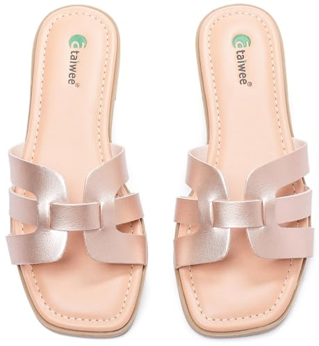 Ataiwee Women's Dressy H Flat Slide Sandals Faux Leather slippers,Gold 10