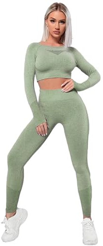 Jamron Damen Winter Dicke 2 Stücke Yoga Kleidung Set Crop Top + Leggings Gymnastikanzug SN079110 Matcha S