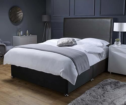 Savako Premium - Black Leather Divan Bed with Memory Foam Mattress and Headboard with Chrome Feet - (4ft6 Double - 137cm x 190cm)
