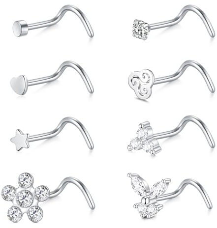 WillTen 8Pcs Percing au Nez Piercings Vis, 18G Piercing Nez Acier Chirurgical Argent avec Zircon Cubique, Percing au Nez Studs Tragus Labret Helix Bijoux pour femmes hommes