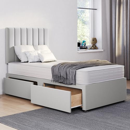 ComfoRest - Elegant 3FT Single Bed with Mattress | Stylish Set for Modern Bedrooms | Functional Frame with 2 Storage Drawers for Space-Saving Solutions (Silver Plush)