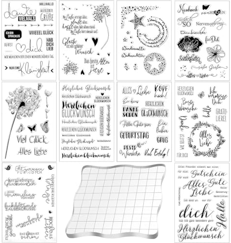 Aililong Silikonstempel Set - 10 Bögen Stempel Sprüche Deutsch & Weihnachten, Clear Stamps für DIY Scrapbooking & Geburtstag, Stempelset mit Block & 10x10 cm Größe. Perfekt für Weihnachts-DIY