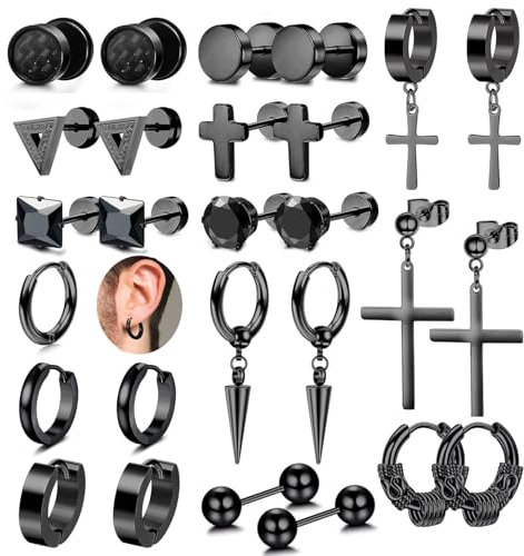 JeweBella 15 Paar Ohrringe Herren Edelstahl Set - Ohrstecker, Creolen, Hypoallergen Zirkonia, Kreuz, Baumelnde, Piercing Knorpel - Schwarz/Silber für Männer Damen