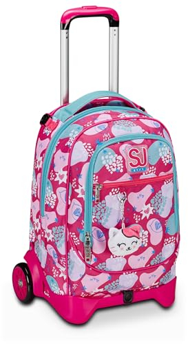 Seven SJ Gang Schultrolley Jack 2 Rollen, Rosa, PinkFur, 3 in 1, Dreifachverwendung, Rucksack mit abnehmbarem Wagen, Trinkflaschenhalter und Crossover System, Rucksack für die Grundschule, Rucksack