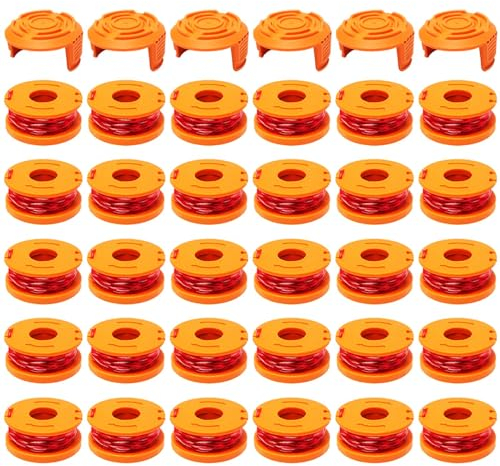 GLDCAPA 36 Pièces WA0010 Bobine de Fil de Coupe de Rechange, 3 m x 30, 1.65 mm, Compatible avec Les Coupe-Bordures, 30 Bobines de Fil et 6 Capuchons