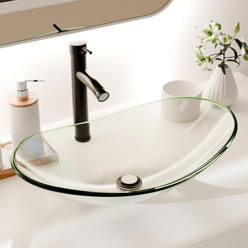 YIMAI Ingenuity Vessel Sink Bathroom Sinks Tempered Glass Art Basin 20.8x13.7 Oval Bowl Above Counter with Faucet and Pop-Up Drain Combo, Oval Transparent Countertop Bowl Sink for Lavatory