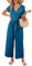 OUGES Jumpsuit Damen Sommer Elegant Overall Lang Playsuit Kurzarm Casual Hosenanzug mit Taschen(Dunkelblau,M)