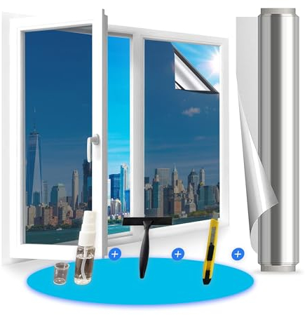 Cycbiki Spiegelfolie Fenster Sichtschutz 100 * 200cm reflektierende Selbsthaftend Sonnenschutzfolie Fensterfolie Blickdicht von aussen UV Schutz Rückstandslose Thermofolie Fenster Gegen Hitze Silber