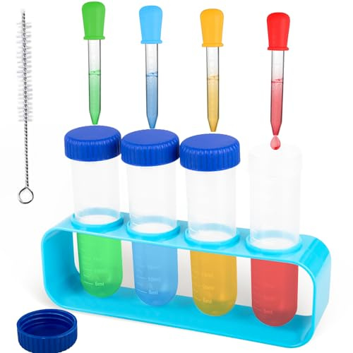 Rdlobu 10 Stück Pipetten Kinder Set, Kinder Pipetten 5ml, Reagenzgläser | 4 Pipette Kinder 4 Reagenzgläser Kinder Reagenzglasständer Bürsten,Transparente Pipette für Kreative Labor Kinder Experimente