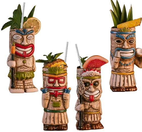 Vinbcorw Lot de 4 Tasses à Cocktail Tiki – Tasse givrée Exotique avec 4 pailles, Tiki Party Creative Cocktail Glass Drinks Bar Drinkware Premium Tropical Exotic Cute Barware,A2