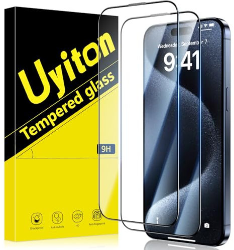Uyiton for iPhone 15 Pro Screen Protector - [2 Pack] Full Screen Tempered Glass Film for iPhone 15 Pro 6.1 inch, 9H Anti-Scratch Anti-Shatter Anti-Blue Light HD Bubble Free Ultra Resistant Clear