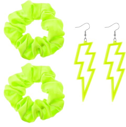 4 Stück Karneval Haargummi Neon und Ohrringe für Damen Blitz Ohrringeder 80er 90er Jahre Neon Scrunchies Accessoires(Gelb)