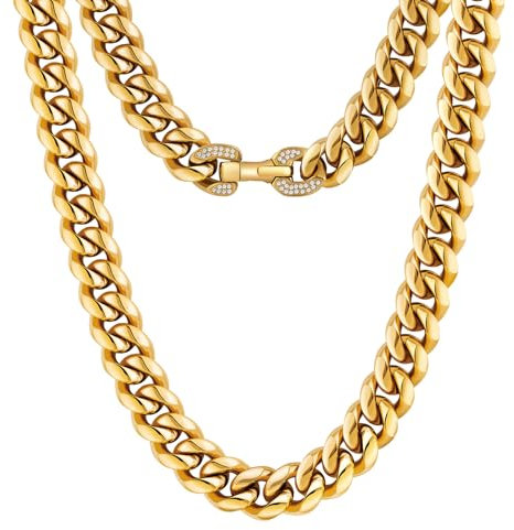 KRKC&CO 12mm Herren Panzerkette mit Iced Out Verschluss, 18K Gold plattiert Cuban Link Chain, Edelstahl Miami Kubanische Gliederkette Goldkette, Hip Hop Kette für Männer Jungen [Größe 45,7cm]