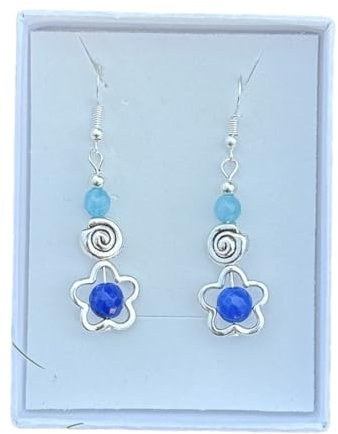 Anhur Pendientes Colgantes Flor Caracola Con Piedras Naturales Ágatas Colores Azul Cielo Verde Lila Morado Verde Naranja Rosa Azulón en Zamak Color Plata Pendientes Largos A Presión (Azul azulón)