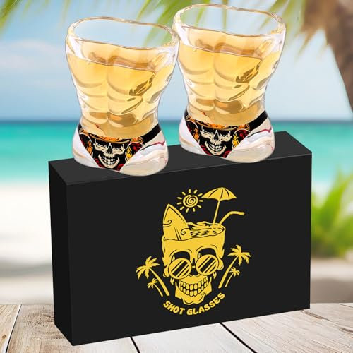 Homme Musclé Lot de 2 Verres à Shot en Verre avec Motif Tête de Mort Logo, 30 ml, Verres à Shot à Base Lourde pour Whisky, Vodka, Tequila, Durables et Réutilisables pour La Maison, Les Bars et La Fête