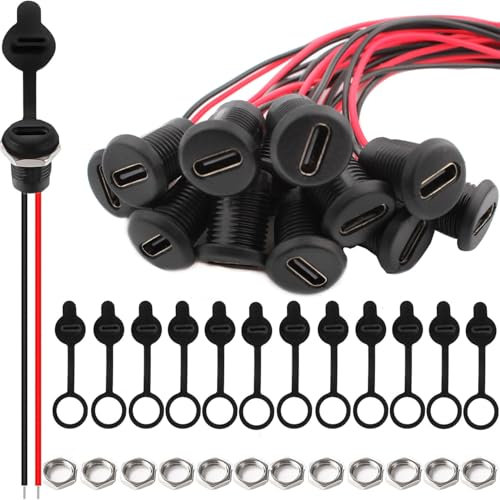 VISSQH 12 PCS USB Type-C Female Chassis,3A 2-pin USB C Soldering Jack,2 Wire USB C Panel Mount connector,24AWG round Waterproof USB C Pigtail Cable Extension Power Cable,USB Type-C Female Power Jack
