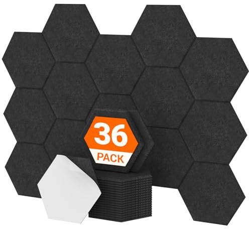 Hexagon Akustikplatten selbstklebend 36 Stücke,TONOR Schallabsorber Schallschutz mit Hochdichte Wandfliesen Schall Dämmung 30x26x1 cm für Studio, Büro,Akustische Behandlung und Wanddekoration Schwarz
