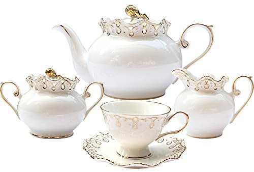 RAABYU Juego de té de Porcelana de 15 Piezas con Tetera, Tazas de té y platillo, Juego de Tazas de café, Servicio de té de cerámica