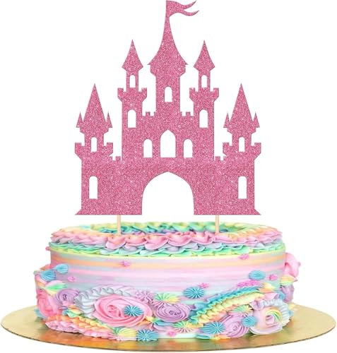 1 Stück Schloss Geburtstag Tortendeko Glitzer Prinzessin Cake Topper Schloß Thema Kuchen Deko für Prinzessin Schloss Thema Baby Dusche Hochzeit Geburtstag Party Kuchen Dekorationen Rosa