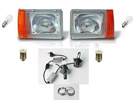 Generico KIT Fari anteriori Regolazione elettrica Specifici COMPATIBILI con Panda modello 141 dal 1986 al 2003 Fanali Proiettori + Lampade LED H4-34400/1-34410/1 - GE069 + HID-5-58477
