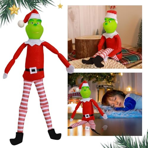 AENEY Grünes Monster Figur, Elf Plüsch Spielzeug Weihnachten Puppe Deko Cartoon Plüschtier Grün Weiche Kuscheltiere Geschenk für Weihnachten (Gestreifte)